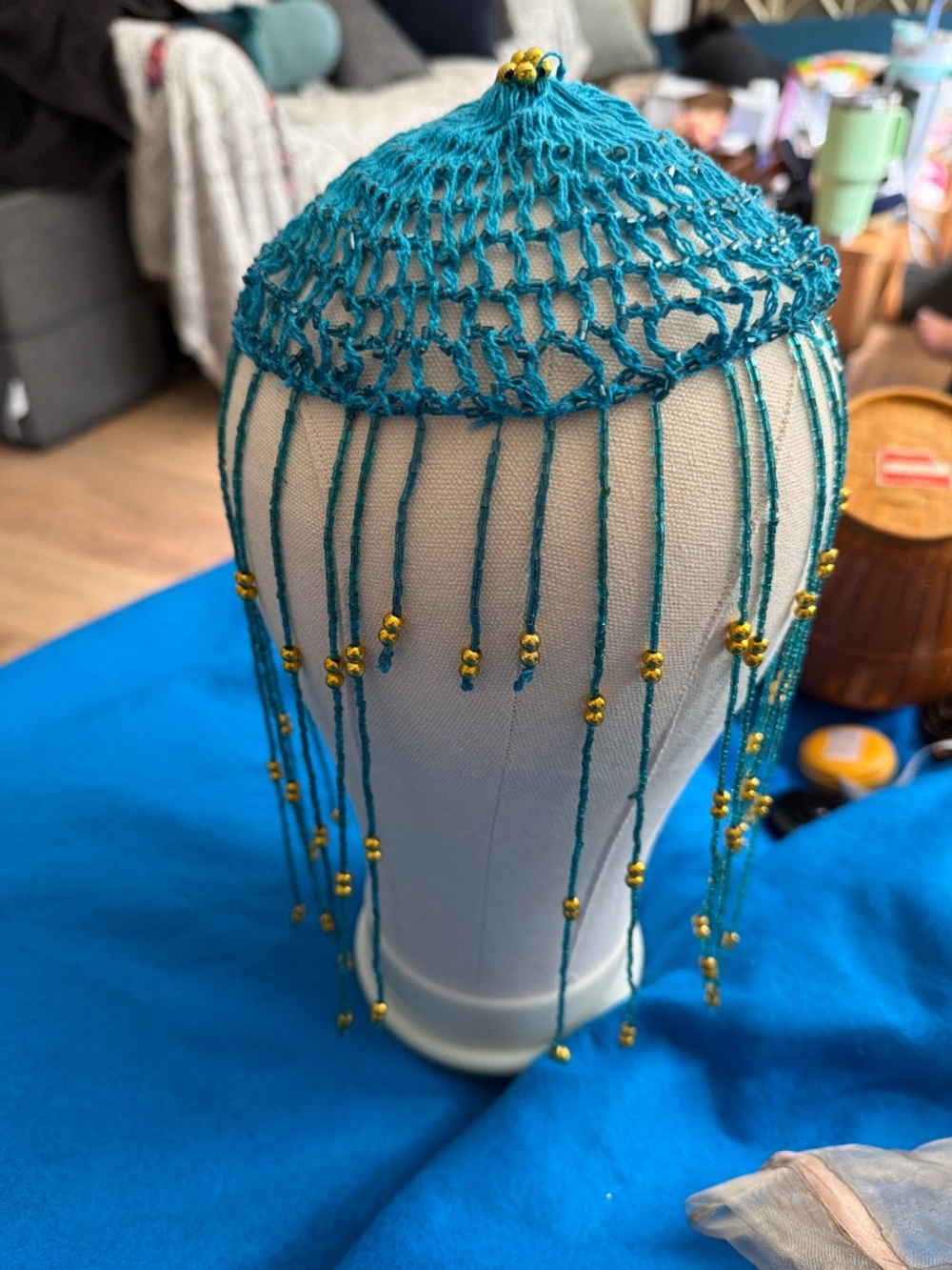 Artisan Beaded Hair Net Bun Cover Hairpiece Teal Gold